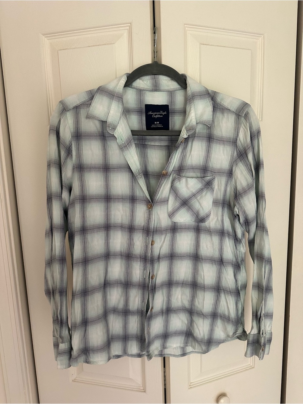 American Eagle Outfitters Mint and Navy Plaid Button-Down Shirt